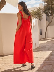 Red Ruffle Strap Wide Leg 100% Cotton Jumpsuit - Image 3 of 7