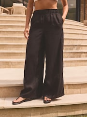 Black 100% Linen Premium Wide Leg Trousers - Image 4 of 8
