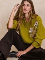 Green Floral Embellished Long Sleeve High V-Neck Fuzzy Knit Jumper With Wool - Image 1 of 9