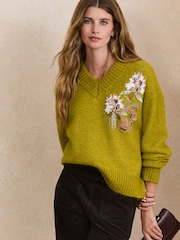 Green Floral Embellished Long Sleeve High V-Neck Fuzzy Knit Jumper With Wool - Image 2 of 9