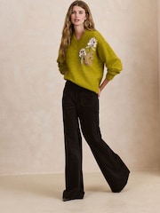 Green Floral Embellished Long Sleeve High V-Neck Fuzzy Knit Jumper With Wool - Image 3 of 9