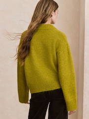 Green Floral Embellished Long Sleeve High V-Neck Fuzzy Knit Jumper With Wool - Image 4 of 9