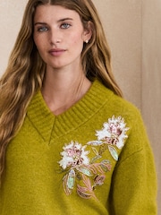 Green Floral Embellished Long Sleeve High V-Neck Fuzzy Knit Jumper With Wool - Image 5 of 9