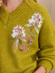 Green Floral Embellished Long Sleeve High V-Neck Fuzzy Knit Jumper With Wool - Image 6 of 9