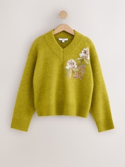 Green Floral Embellished Long Sleeve High V-Neck Fuzzy Knit Jumper With Wool - Image 7 of 9