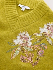 Green Floral Embellished Long Sleeve High V-Neck Fuzzy Knit Jumper With Wool - Image 9 of 9