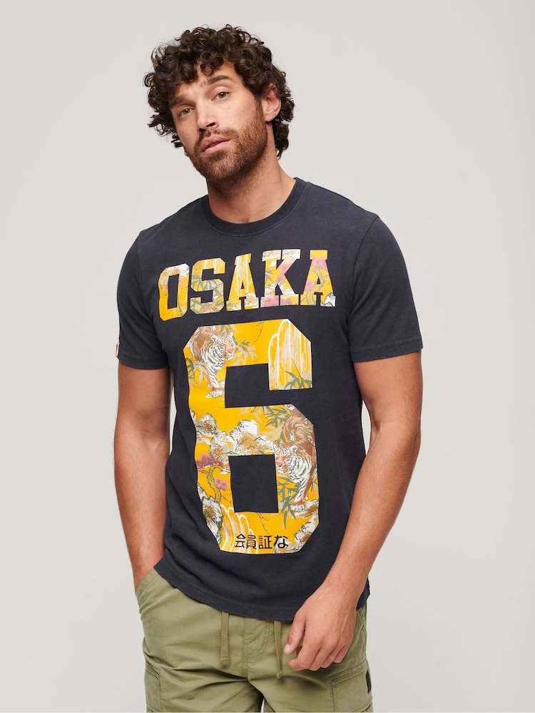 Superdry Blue 100% Cotton Osaka 6 Japanese Infill T-Shirt - Image 1 of 5