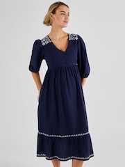 JoJo Maman Bébé Navy Linen Blend Embroidered Maternity Dress - Image 1 of 4
