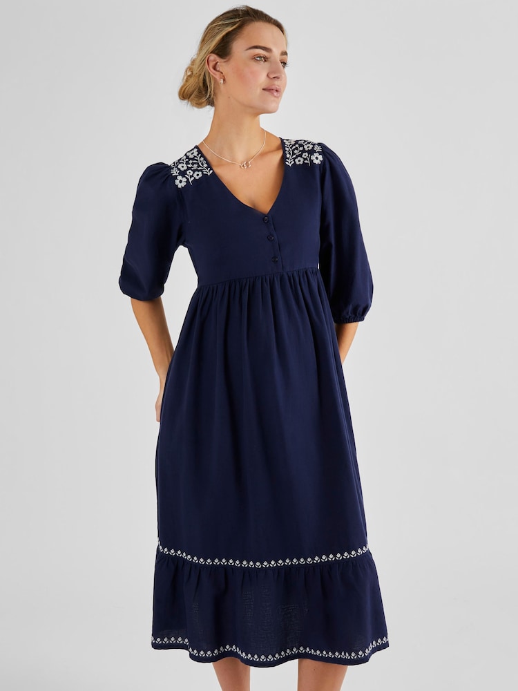 JoJo Maman Bébé Navy Linen Blend Embroidered Maternity Dress - Image 1 of 4