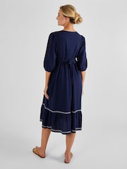 JoJo Maman Bébé Navy Linen Blend Embroidered Maternity Dress - Image 2 of 4