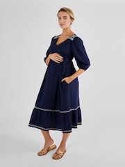 JoJo Maman Bébé Navy Linen Blend Embroidered Maternity Dress - Image 3 of 4