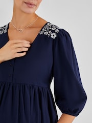 JoJo Maman Bébé Navy Linen Blend Embroidered Maternity Dress - Image 4 of 4