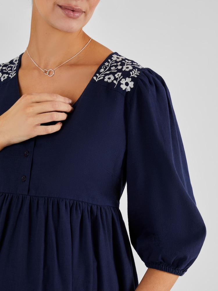 JoJo Maman Bébé Navy Linen Blend Embroidered Maternity Dress - Image 4 of 4