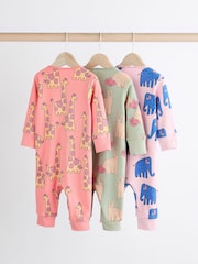 Multi Animal Baby Printed Cotton Zip Sleepsuits 3 Pack (0mths-2yrs) - Image 5 of 9