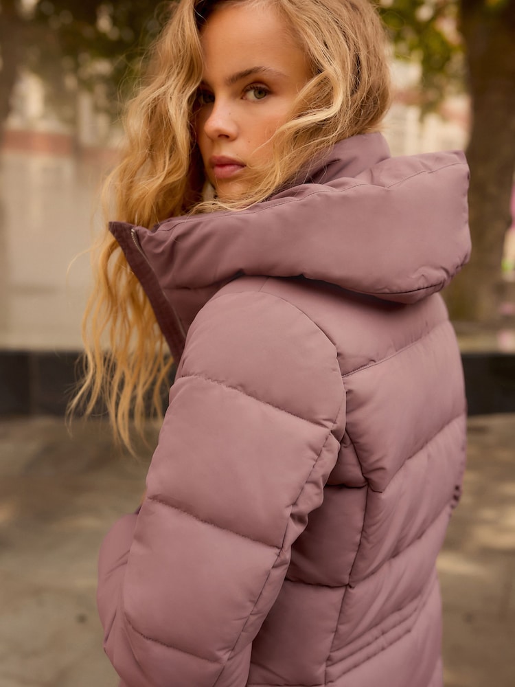 Buy Rose Pink Shower Resistant Padded Puffer Hooded Mid Length