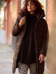 Chocolate Brown Shower Resistant Padded Puffer Hooded Mid Length Coat - Image 1 of 8