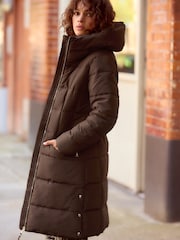 Chocolate Brown Shower Resistant Padded Puffer Hooded Mid Length Coat - Image 2 of 8