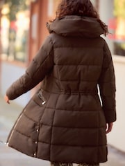 Chocolate Brown Shower Resistant Padded Puffer Hooded Mid Length Coat - Image 3 of 8