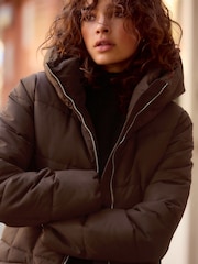 Chocolate Brown Shower Resistant Padded Puffer Hooded Mid Length Coat - Image 4 of 8