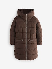 Chocolate Brown Shower Resistant Padded Puffer Hooded Mid Length Coat - Image 6 of 8