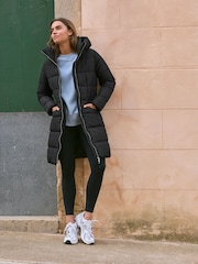 Black Shower Resistant Padded Puffer Hooded Mid Length Coat - Image 1 of 9
