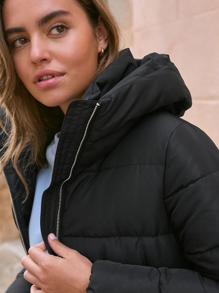 Buy Black Shower Resistant Padded Puffer Hooded Mid Length Coat