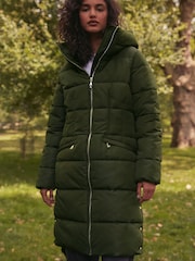 Khaki Green Shower Resistant Padded Puffer Hooded Mid Length Coat - Image 1 of 11