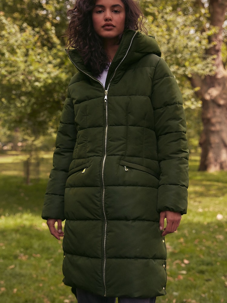 Khaki Green Shower Resistant Padded Puffer Hooded Mid Length Coat - Image 1 of 11 Khaki Green Shower Resistant Padded Puffer Hooded Mid Length Coat - Image 1 of 11