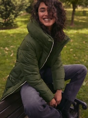 Khaki Green Shower Resistant Padded Puffer Hooded Mid Length Coat - Image 3 of 11