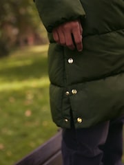 Khaki Green Shower Resistant Padded Puffer Hooded Mid Length Coat - Image 7 of 11