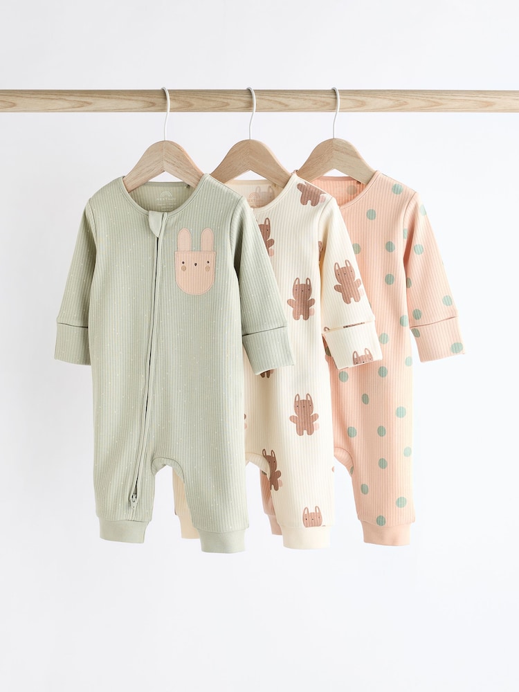 Mint Green Two Way Zip Baby Footless 100% Cotton Sleepsuits 3 Pack (0mths-3yrs) - Image 1 of 11