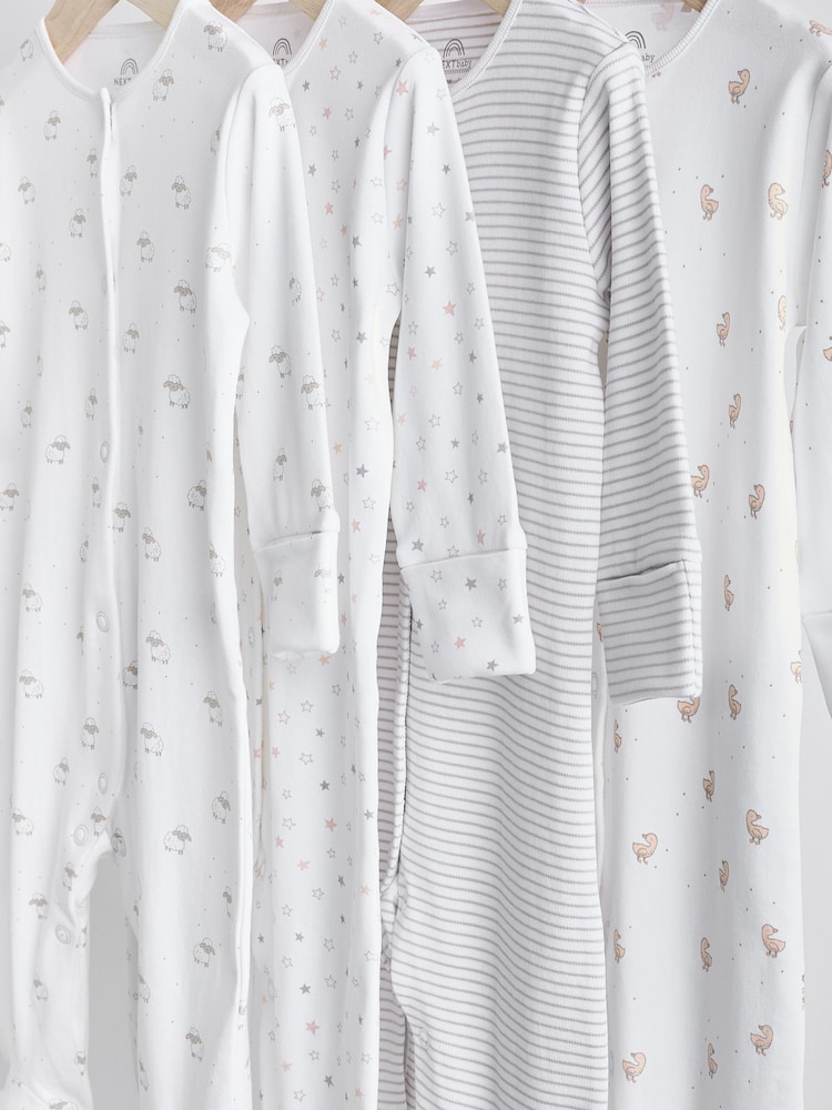 White 4 Pack Baby Delicate Animal Printed 100% Cotton Sleepsuits (0-2yrs) - Image 4 of 8
