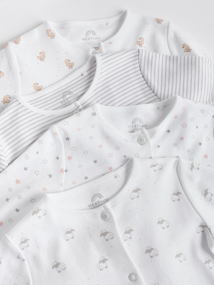 White 4 Pack Baby Delicate Animal Printed 100% Cotton Sleepsuits (0-2yrs) - Image 5 of 8