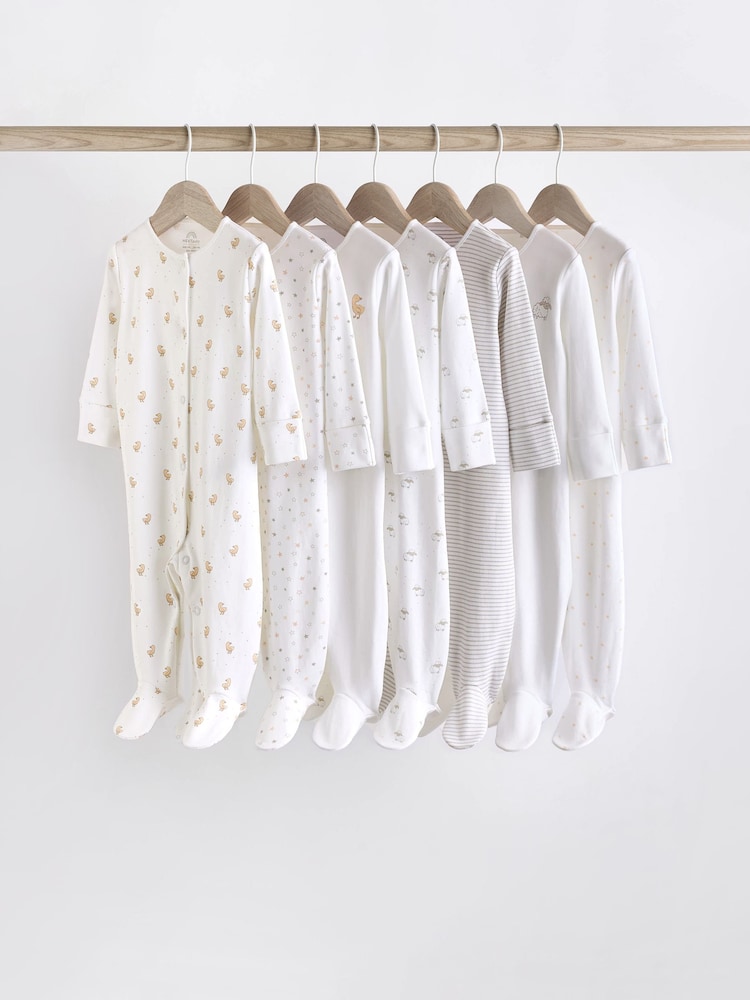 White 7 Pack Baby Delicate Animal Printed 100% Cotton Sleepsuits (0-2yrs) - Image 1 of 15