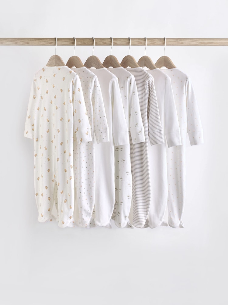 White 7 Pack Baby Delicate Animal Printed 100% Cotton Sleepsuits (0-2yrs) - Image 2 of 15