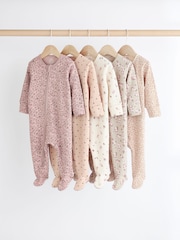 Caramel Brown 100% Cotton Two Way Zip Baby Sleepsuits 5 Pack (0-2yrs) - Image 1 of 12