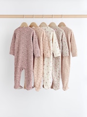 Caramel Brown 100% Cotton Two Way Zip Baby Sleepsuits 5 Pack (0-2yrs) - Image 2 of 12