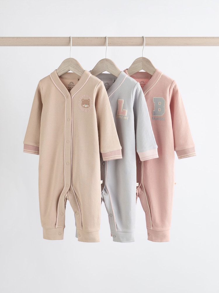 Pink/Grey Baby 100% Cotton Footless Sleepsuits 3 Pack (0mths-3yrs) - Image 1 of 14