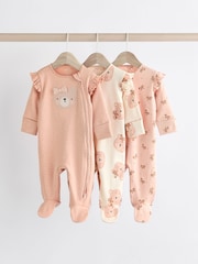 Pink Bear Two Way 100% Cotton Zip Baby Sleepsuits 3 Pack (0mths-2yrs) - Image 1 of 13