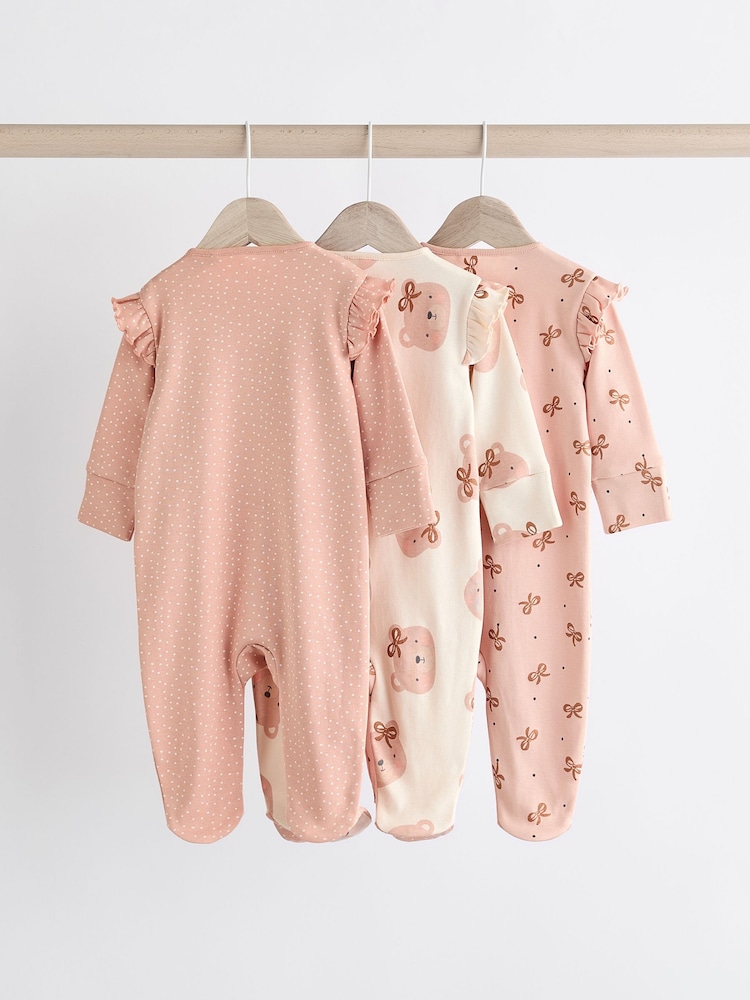 Pink Bear Two Way 100% Cotton Zip Baby Sleepsuits 3 Pack (0mths-2yrs) - Image 2 of 13
