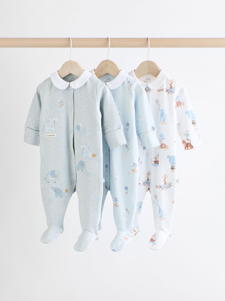 Blue Delicate Elephant Baby Embroidered Sleepsuits 3 Pack (0-2yrs) - Image 1 of 1 Blue Delicate Elephant Baby Embroidered Sleepsuits 3 Pack (0-2yrs) - Image 1 of 1