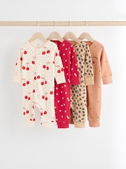 Red Cherry 4 Pack Two Way Zip 100% Cotton Baby Sleepsuits (0mths-3yrs) - Image 1 of 12