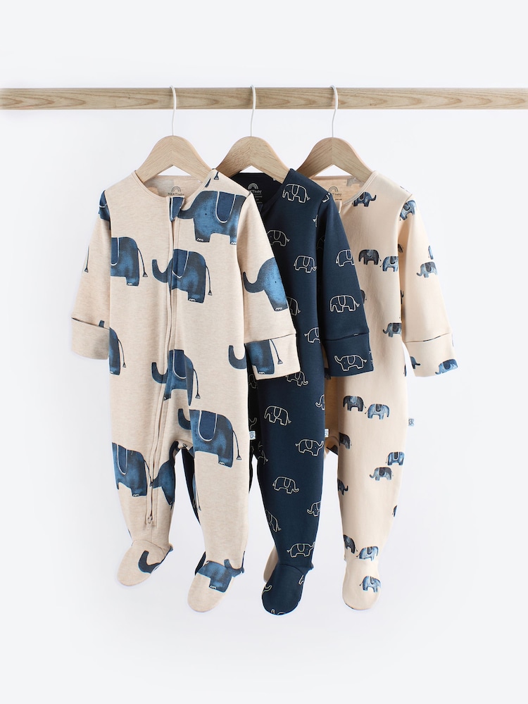 Blue Elephant Two Way Zip Baby 100% Cotton Sleepsuits 3 Pack (0mths-2yrs) - Image 1 of 12