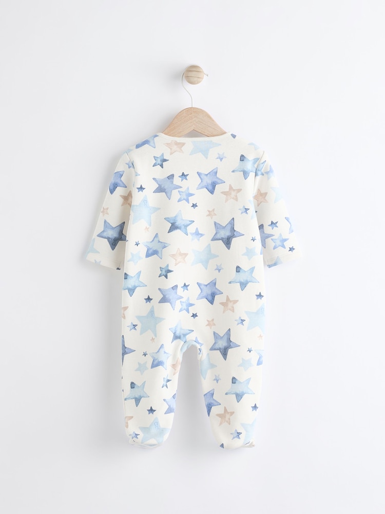 Blue/Cream Star Two Way Zip Fleece Lined Baby Sleepsuit - Image 1 of 6