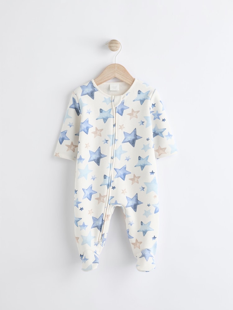 Blue/Cream Star Two Way Zip Fleece Lined Baby Sleepsuit - Image 2 of 6