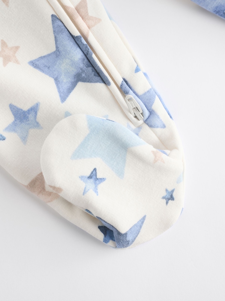 Blue/Cream Star Two Way Zip Fleece Lined Baby Sleepsuit - Image 6 of 6
