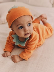 Orange Baby Halloween Velour Pumpkin Sleepsuit and Hat Set (0mths-3yrs) - Image 1 of 9
