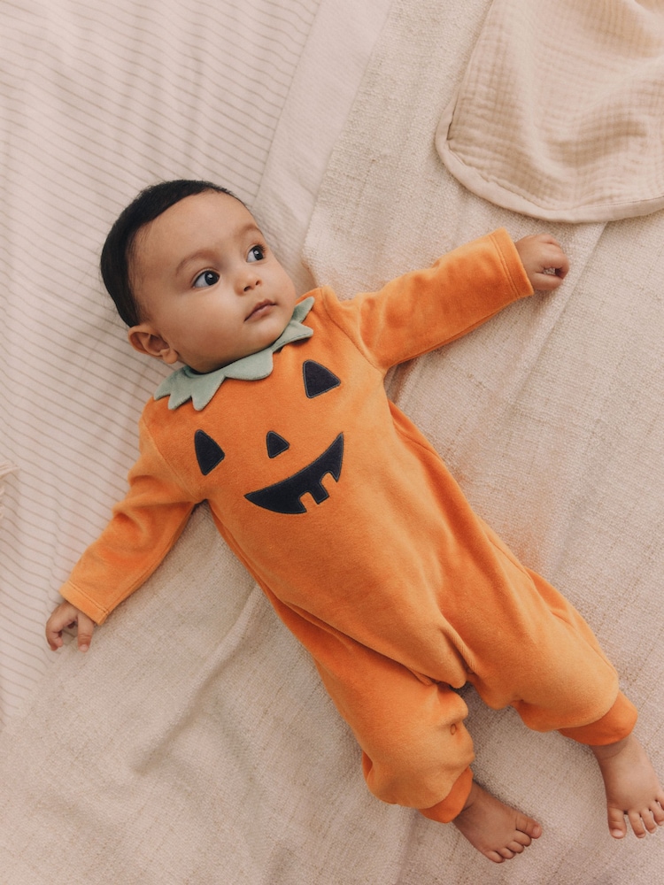 Orange Baby Halloween Velour Pumpkin Sleepsuit and Hat Set (0mths-3yrs) - Image 2 of 9