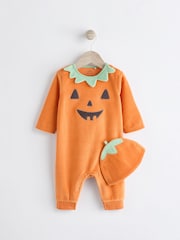 Orange Baby Halloween Velour Pumpkin Sleepsuit and Hat Set (0mths-3yrs) - Image 4 of 9