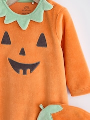 Orange Baby Halloween Velour Pumpkin Sleepsuit and Hat Set (0mths-3yrs) - Image 6 of 9